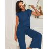 image:imageEkouaer Lounge Sets for Women Two Piece Outfits Knit Cap Sleeve Tops Wide Leg Pleated Pants Casual Dressy Sweater SetsIndigo