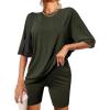 image:imageEkouaer Pajamas 2 Piece Lounge Sets Ribbed Knit Matching Outfits Tshirt Biker Shorts Sleepwear Loungewear SweatsuitsArmy Green
