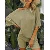 image:imageEkouaer Pajamas 2 Piece Lounge Sets Ribbed Knit Matching Outfits Tshirt Biker Shorts Sleepwear Loungewear SweatsuitsGray Green
