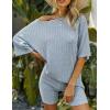 image:imageEkouaer Pajamas 2 Piece Lounge Sets Ribbed Knit Matching Outfits Tshirt Biker Shorts Sleepwear Loungewear SweatsuitsLight Blue
