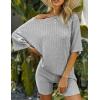 image:imageEkouaer Pajamas 2 Piece Lounge Sets Ribbed Knit Matching Outfits Tshirt Biker Shorts Sleepwear Loungewear SweatsuitsLight Grey