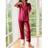 image:imageEkouaer Silk Satin Pajamas Set Women Short Sleeve Sleepwear Soft Button Down Loungewear Pjs SetWine Red