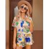 image:imageEkouaer Womens Satin Pajamas Set Button Down 2 Piece Silk Pjs Shorts Set Ruffle Lingerie Notch Collar SleepwearPattern2queen Khaki