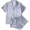 image:imageEkouaer Womens Satin Pajamas Set Button Down 2 Piece Silk Pjs Shorts Set Ruffle Lingerie Notch Collar SleepwearStriped Grey Blue