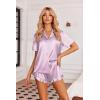 image:imageEkouaer Womens Satin Pajamas Set Button Down 2 Piece Silk Pjs Shorts Set Ruffle Lingerie Notch Collar SleepwearStriped Purple