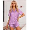 image:imageEkouaer Womens Satin Pajamas Set Button Down 2 Piece Silk Pjs Shorts Set Ruffle Lingerie Notch Collar SleepwearThick Striped Purple