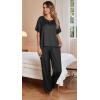 image:imageEkouaer Womens Satin Silky Pajama Set Short Sleeve Shirt with Long Pajama Pant Set Soft PJ LoungewearBlack
