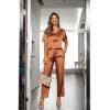 image:imageEkouaer Womens Satin Silky Pajama Set Short Sleeve Shirt with Long Pajama Pant Set Soft PJ LoungewearCaramel