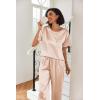 image:imageEkouaer Womens Satin Silky Pajama Set Short Sleeve Shirt with Long Pajama Pant Set Soft PJ LoungewearChampagne Striped