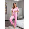 image:imageEkouaer Womens Satin Silky Pajama Set Short Sleeve Shirt with Long Pajama Pant Set Soft PJ LoungewearHot Pink