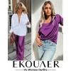 image:imageEkouaer Womens Satin Silky Pajama Set Short Sleeve Shirt with Long Pajama Pant Set Soft PJ LoungewearPurple