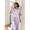 image:imageEkouaer Womens Satin Silky Pajama Set Short Sleeve Shirt with Long Pajama Pant Set Soft PJ LoungewearPurple Striped