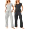 image:imageEkouaer 2 Pack Womens Pajamas Short Sleeve Sleepwear Top with Pants SuperSoft Printed Lounge Sets SXXLGray Gray Stripe