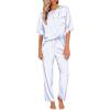 image:imageEkouaer Womens Satin Silky Pajama Set Short Sleeve Shirt with Long Pajama Pant Set Soft PJ LoungewearBlue Stripes