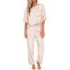 image:imageEkouaer Womens Satin Silky Pajama Set Short Sleeve Shirt with Long Pajama Pant Set Soft PJ LoungewearChampagne Striped