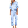 image:imageEkouaer Womens Satin Silky Pajama Set Short Sleeve Shirt with Long Pajama Pant Set Soft PJ LoungewearClear Blue
