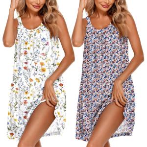image:imageEkouaer 2 Pack Nightgowns for Women Sleeveless Sleepwear Wide Strap Sleep Shirt Pleated Tank Sleepshirt S4XLDense Floral Multicolour Flower