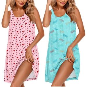 image:imageEkouaer 2 Pack Nightgowns for Women Sleeveless Sleepwear Wide Strap Sleep Shirt Pleated Tank Sleepshirt S4XLPink Heartflying