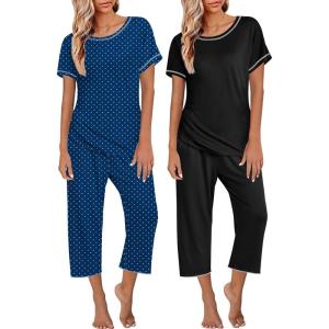 image:imageEkouaer 2 Pack Womens Pajamas Sets Short Sleeve Tops and Capri Pants Pjs Colorful Printed Sleepwear SetsBlack  Polka Dots
