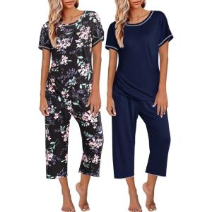 image:imageEkouaer 2 Pack Womens Pajamas Sets Short Sleeve Tops and Capri Pants Pjs Colorful Printed Sleepwear SetsBlack Flowers  Navy Blue