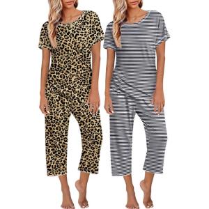 image:imageEkouaer 2 Pack Womens Pajamas Sets Short Sleeve Tops and Capri Pants Pjs Colorful Printed Sleepwear SetsBlack Stripeleopard