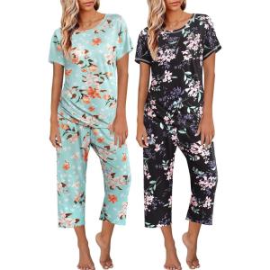 image:imageEkouaer 2 Pack Womens Pajamas Sets Short Sleeve Tops and Capri Pants Pjs Colorful Printed Sleepwear SetsBlue Flowers  Black Flowers