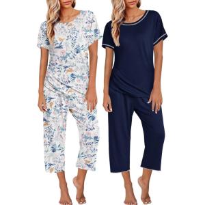 image:imageEkouaer 2 Pack Womens Pajamas Sets Short Sleeve Tops and Capri Pants Pjs Colorful Printed Sleepwear SetsBlue Flowers  Navy Blue