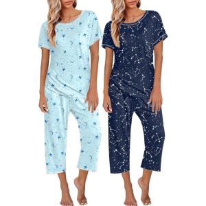 image:imageEkouaer 2 Pack Womens Pajamas Sets Short Sleeve Tops and Capri Pants Pjs Colorful Printed Sleepwear SetsBlue Stars  Moon