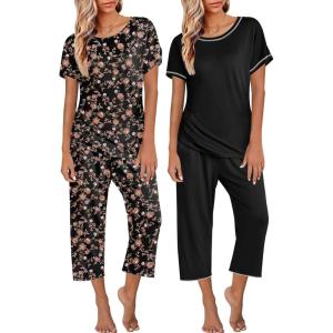 image:imageEkouaer 2 Pack Womens Pajamas Sets Short Sleeve Tops and Capri Pants Pjs Colorful Printed Sleepwear SetsBrown Flowers  Black