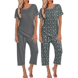 image:imageEkouaer 2 Pack Womens Pajamas Sets Short Sleeve Tops and Capri Pants Pjs Colorful Printed Sleepwear SetsDeep Greystars