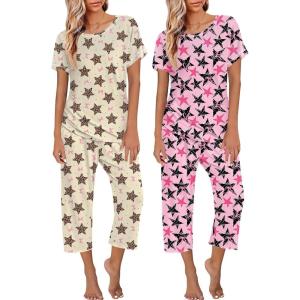 image:imageEkouaer 2 Pack Womens Pajamas Sets Short Sleeve Tops and Capri Pants Pjs Colorful Printed Sleepwear SetsFivepointed