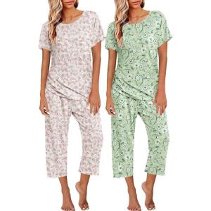 image:imageEkouaer 2 Pack Womens Pajamas Sets Short Sleeve Tops and Capri Pants Pjs Colorful Printed Sleepwear SetsGreen Flowersbeige Flowers