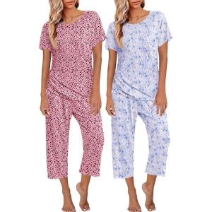 image:imageEkouaer 2 Pack Womens Pajamas Sets Short Sleeve Tops and Capri Pants Pjs Colorful Printed Sleepwear SetsHeart Leopardblue Flowers
