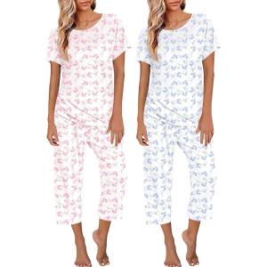 image:imageEkouaer 2 Pack Womens Pajamas Sets Short Sleeve Tops and Capri Pants Pjs Colorful Printed Sleepwear SetsHydrangeas