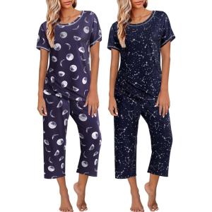 image:imageEkouaer 2 Pack Womens Pajamas Sets Short Sleeve Tops and Capri Pants Pjs Colorful Printed Sleepwear SetsMoon  Stars