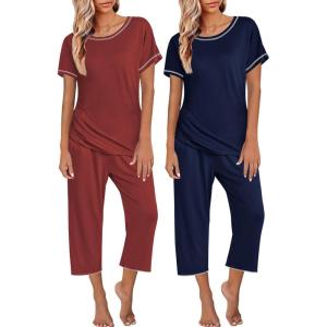 image:imageEkouaer 2 Pack Womens Pajamas Sets Short Sleeve Tops and Capri Pants Pjs Colorful Printed Sleepwear SetsNavy Blue  Wine Red