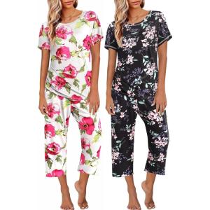 image:imageEkouaer 2 Pack Womens Pajamas Sets Short Sleeve Tops and Capri Pants Pjs Colorful Printed Sleepwear SetsPink Flowers  Black Flowers