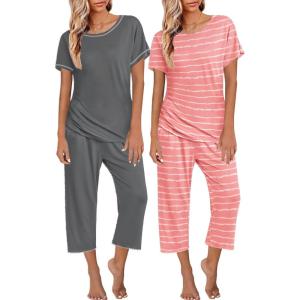 image:imageEkouaer 2 Pack Womens Pajamas Sets Short Sleeve Tops and Capri Pants Pjs Colorful Printed Sleepwear SetsPink Stripe  Grey