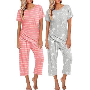 image:imageEkouaer 2 Pack Womens Pajamas Sets Short Sleeve Tops and Capri Pants Pjs Colorful Printed Sleepwear SetsPink Stripe  Grey Stars