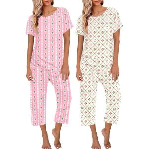 image:imageEkouaer 2 Pack Womens Pajamas Sets Short Sleeve Tops and Capri Pants Pjs Colorful Printed Sleepwear SetsRabbit and Carrot