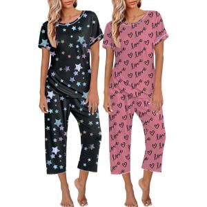 image:imageEkouaer 2 Pack Womens Pajamas Sets Short Sleeve Tops and Capri Pants Pjs Colorful Printed Sleepwear SetsStars  Love