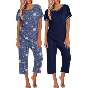 image:imageEkouaer 2 Pack Womens Pajamas Sets Short Sleeve Tops and Capri Pants Pjs Colorful Printed Sleepwear SetsStars Sky  Navy Blue