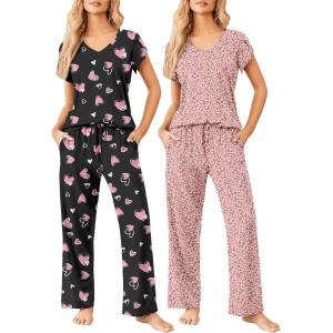 image:imageEkouaer 2 Pack Womens Pajamas Short Sleeve Sleepwear Top with Pants SuperSoft Printed Lounge Sets SXXLBlack Pink HeartsPink White Hearts