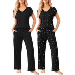 image:imageEkouaer 2 Pack Womens Pajamas Short Sleeve Sleepwear Top with Pants SuperSoft Printed Lounge Sets SXXLBlackBlack Star