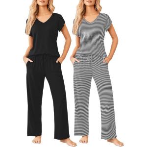 image:imageEkouaer 2 Pack Womens Pajamas Short Sleeve Sleepwear Top with Pants SuperSoft Printed Lounge Sets SXXLBlackBlack Stripe