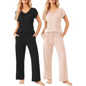 image:imageEkouaer 2 Pack Womens Pajamas Short Sleeve Sleepwear Top with Pants SuperSoft Printed Lounge Sets SXXLBlackChampagne