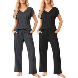 image:imageEkouaer 2 Pack Womens Pajamas Short Sleeve Sleepwear Top with Pants SuperSoft Printed Lounge Sets SXXLBlackDark Gray