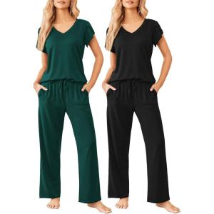 image:imageEkouaer 2 Pack Womens Pajamas Short Sleeve Sleepwear Top with Pants SuperSoft Printed Lounge Sets SXXLBlackDark Green