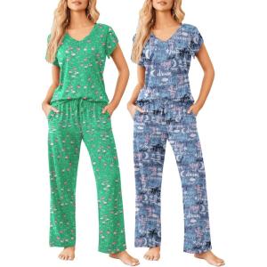 image:imageEkouaer 2 Pack Womens Pajamas Short Sleeve Sleepwear Top with Pants SuperSoft Printed Lounge Sets SXXLBlue AlphabetGreen Flamingo