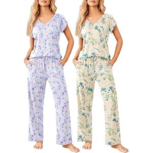 image:imageEkouaer 2 Pack Womens Pajamas Short Sleeve Sleepwear Top with Pants SuperSoft Printed Lounge Sets SXXLBlue ButterflyBlue Floral